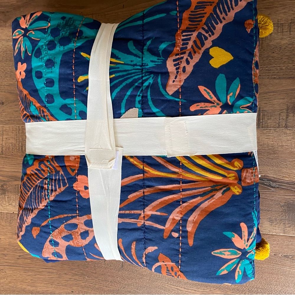 Opalhouse Navy Teal Orange Floral Accent Pillow with Yellow Tassels - Picture 5 of 9
